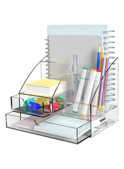 Eworld Clear Acrylic Desk Organizer Featuring 5 Compartments and 2 Slide-Out Drawers-2