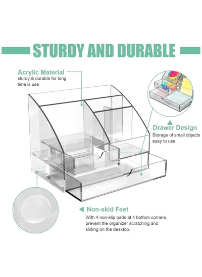 Eworld Clear Acrylic Desk Organizer Featuring 5 Compartments and 2 Slide-Out Drawers-3