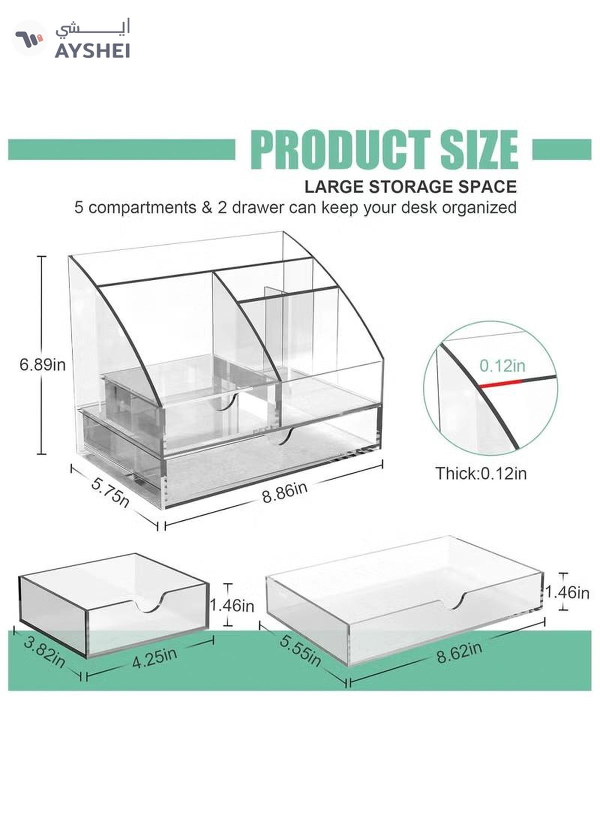 Eworld Clear Acrylic Desk Organizer Featuring 5 Compartments and 2 Slide-Out Drawers-1-1