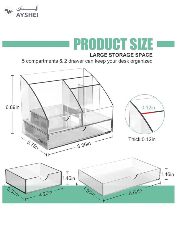 Eworld Clear Acrylic Desk Organizer Featuring 5 Compartments and 2 Slide-Out Drawers