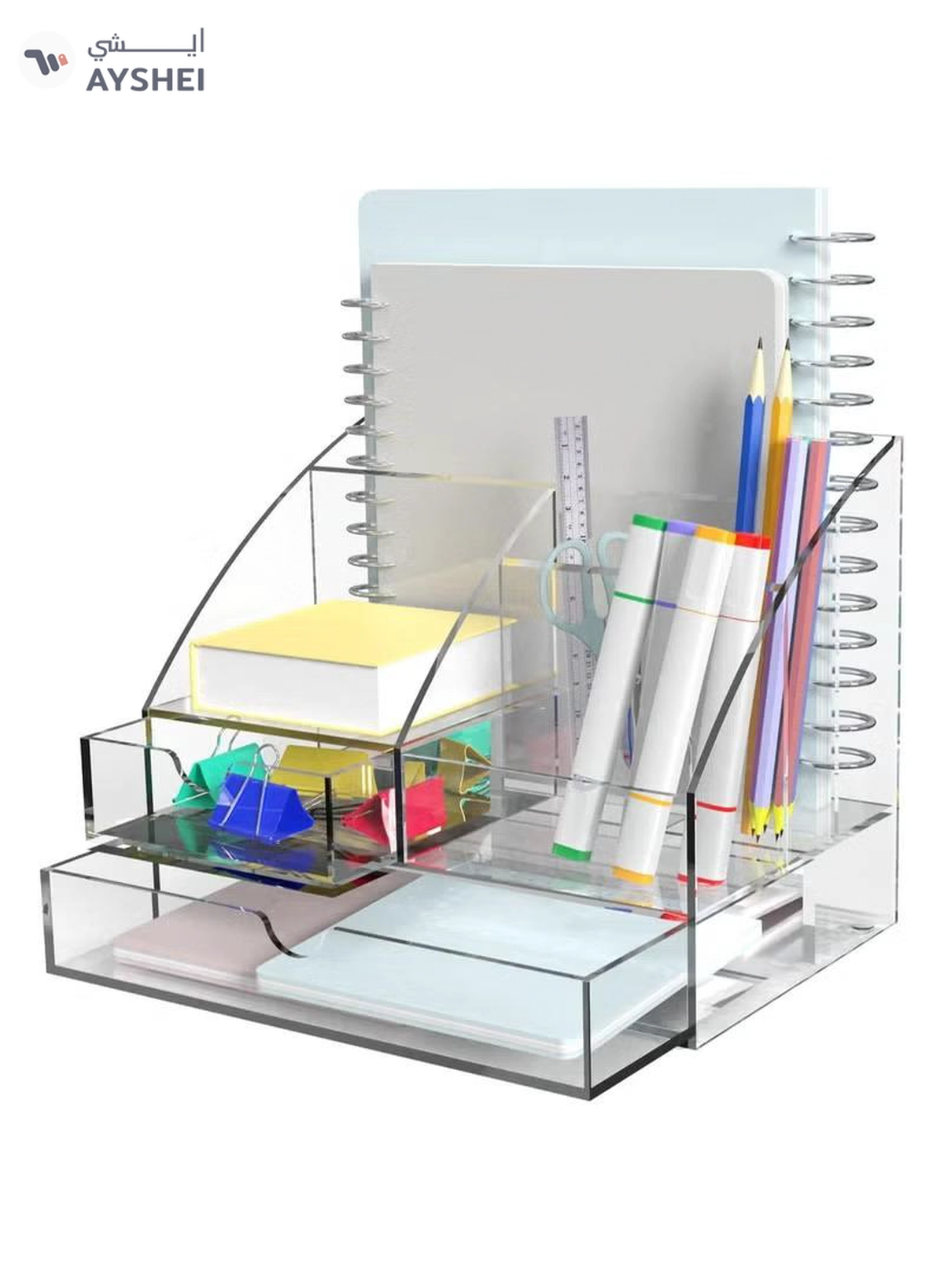 Eworld Clear Acrylic Desk Organizer Featuring 5 Compartments and 2 Slide-Out Drawers-2-2