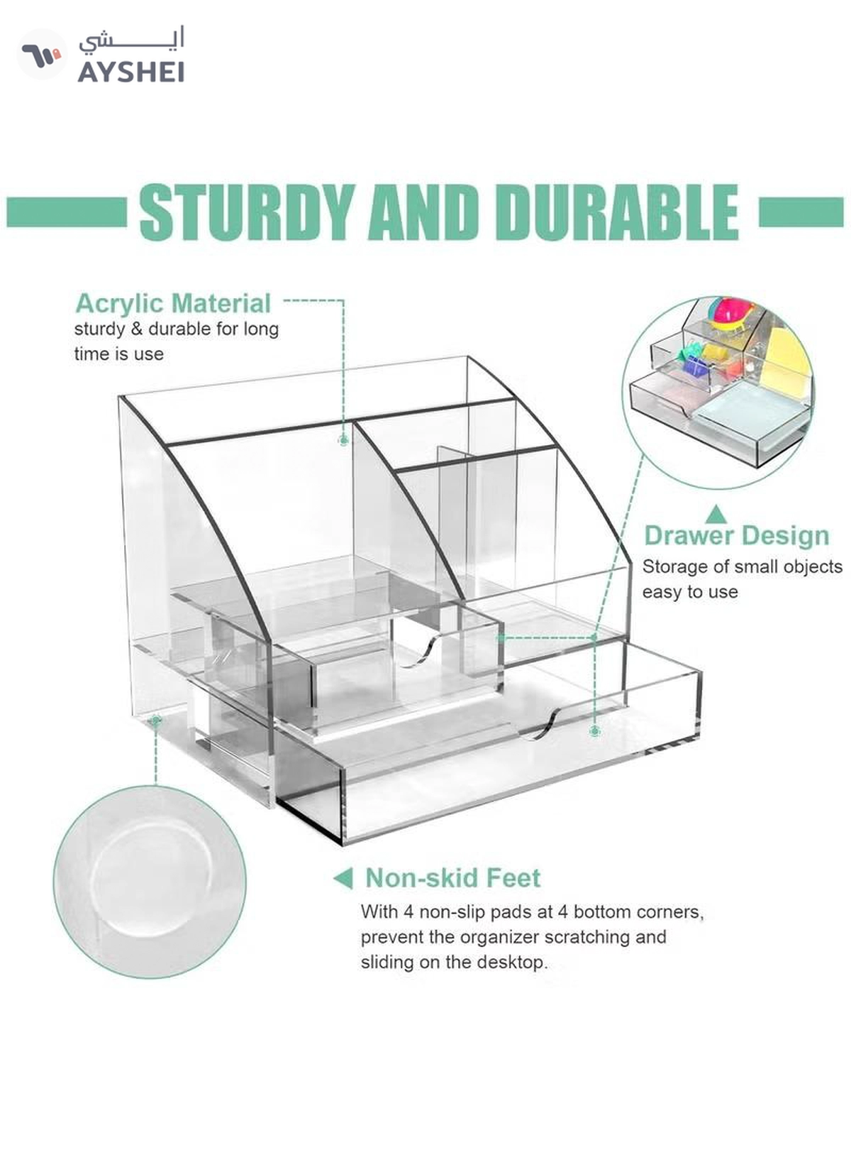 Eworld Clear Acrylic Desk Organizer Featuring 5 Compartments and 2 Slide-Out Drawers-3-3