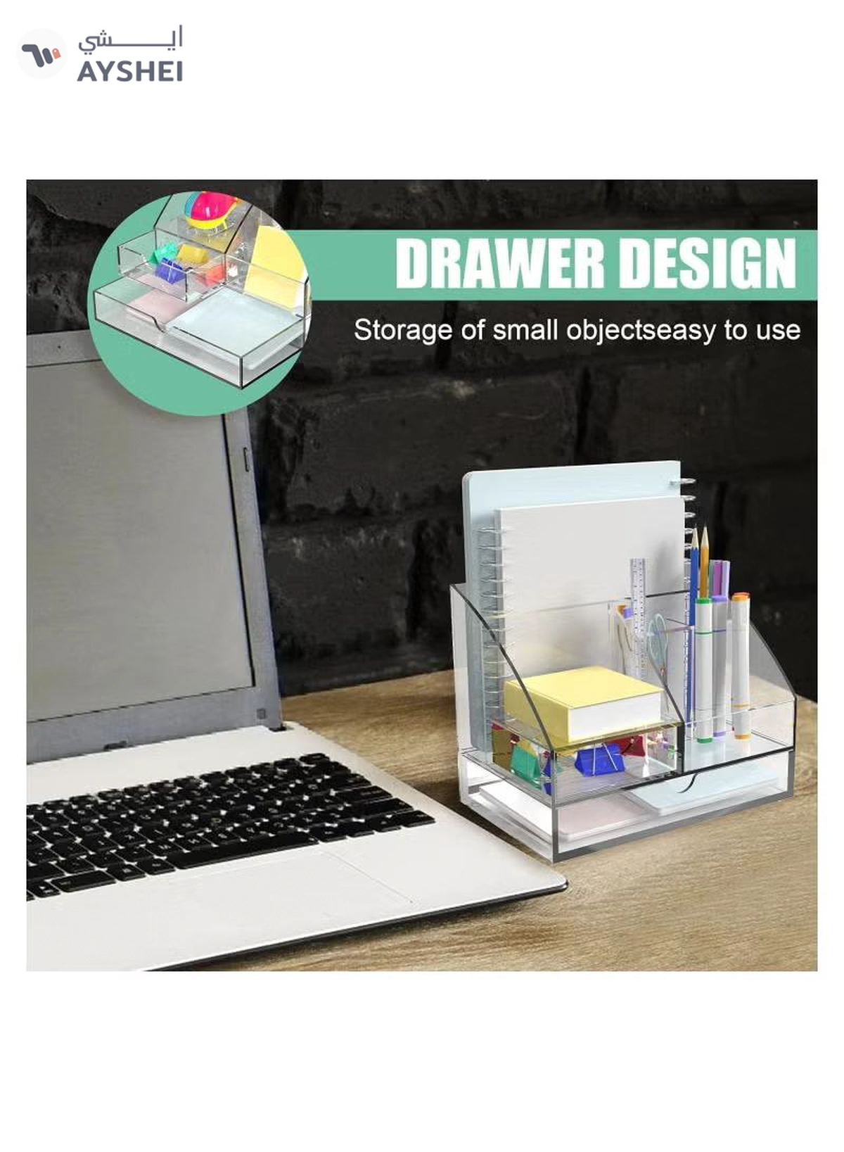 Eworld Clear Acrylic Desk Organizer Featuring 5 Compartments and 2 Slide-Out Drawers-5-5