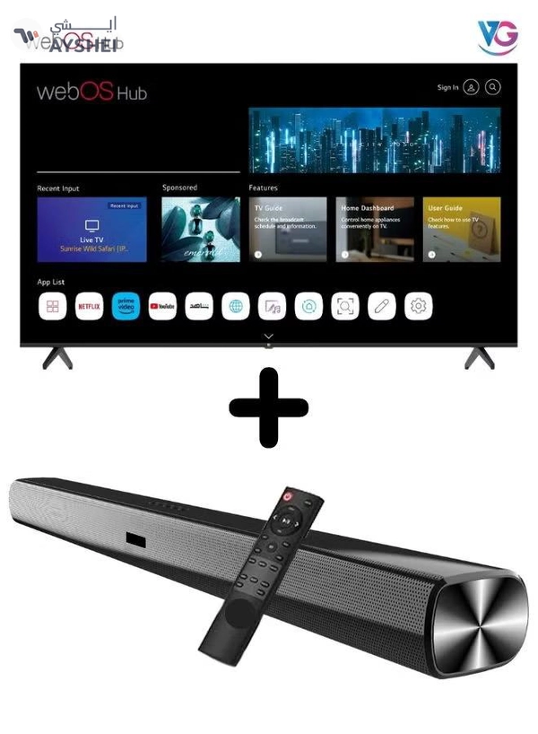  VG Bundle Of 65-inch Edgeless 4K UHD Smart TV (WebOS Hub, Dolby Audio, Frameless Design) With Soundbar (Bluetooth, FM Radio, 2.0 Channel Audio)