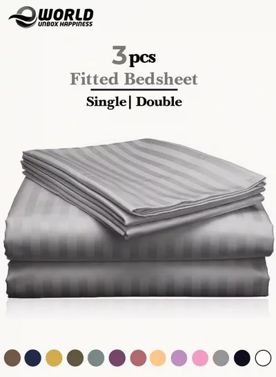 3 Piece Luxury Grey Striped Bed Sheet Set with 1 Deep Pocket Fitted Sheet and 2 Pillowcases for Hotel and Home Crafted from Ultra Soft and Breathable Microfiber for Year-Round Comfort, (Single/Double)-0
