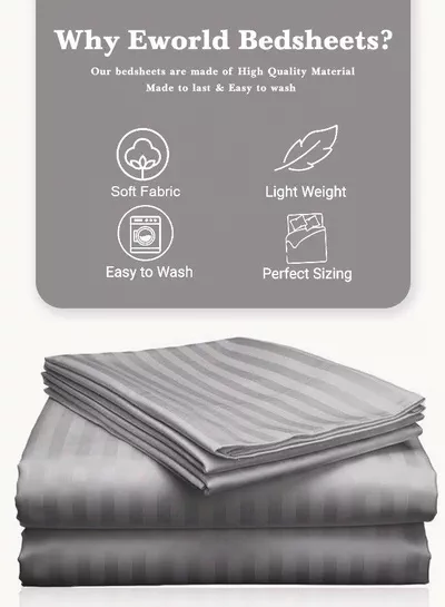 3 Piece Luxury Grey Striped Bed Sheet Set with 1 Deep Pocket Fitted Sheet and 2 Pillowcases for Hotel and Home Crafted from Ultra Soft and Breathable Microfiber for Year-Round Comfort, (Single/Double)-2
