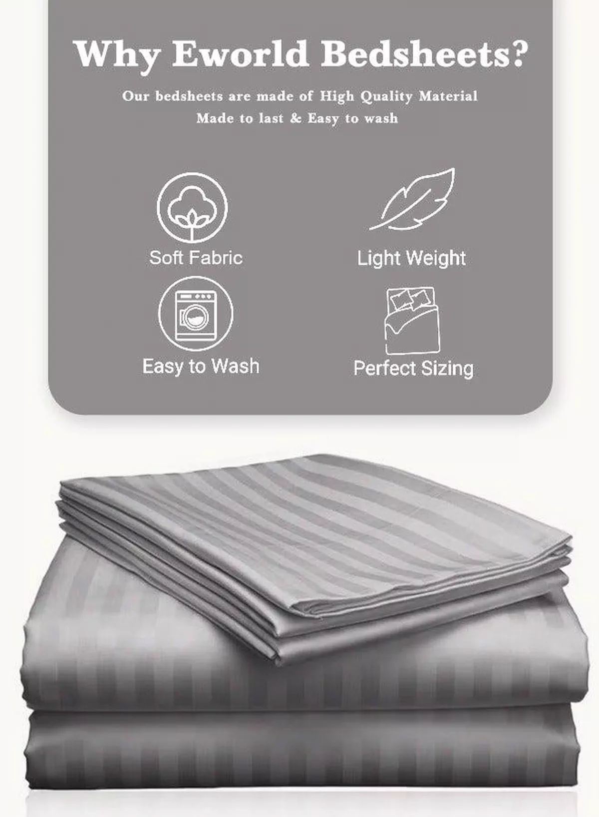 3 Piece Luxury Grey Striped Bed Sheet Set with 1 Deep Pocket Fitted Sheet and 2 Pillowcases for Hotel and Home Crafted from Ultra Soft and Breathable Microfiber for Year-Round Comfort, (Single/Double)-2-2