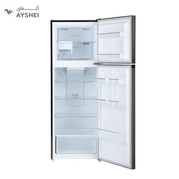 GEEPAS 348 Gross / 270 Net Capacity No-Frost Double Door Refrigerator Quick Cooling | Low Noise, Stainless Steel Finish Equipped with Recessed Handle | Glass Shelves, Chrome Bottle Holder, Chiller Shelf, Transparent Basket | GRF4120SSXN-U Dark Grey GRF4120SSXN Grey