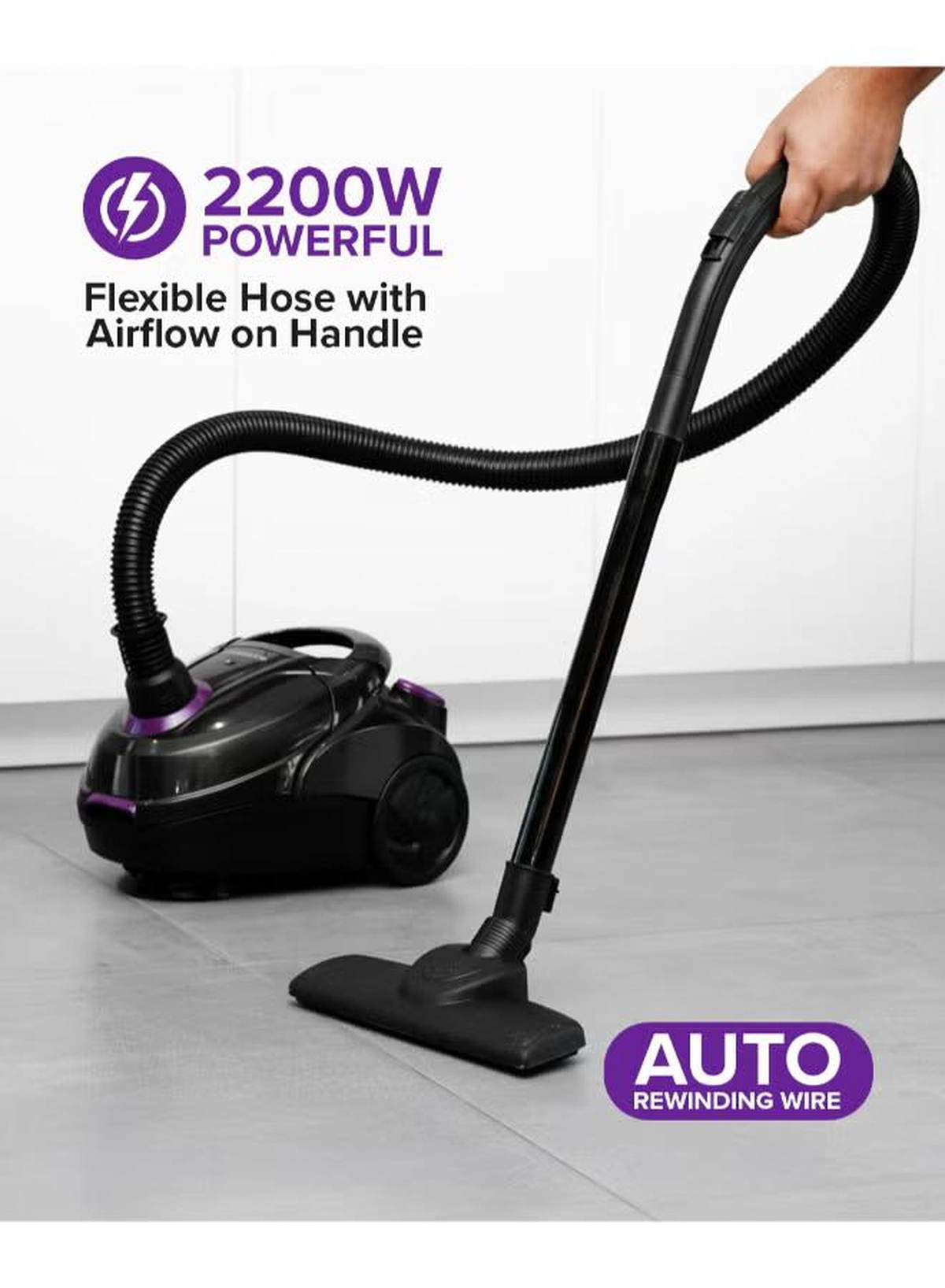 Olsenmark Vacuum Cleaner With Dust Bag 1400W OMVC1782, Powerful Suction, Dust Full Indicator,Dust Bag capacity 1.5L, Flexible Hose With Airflow On Handle, Pedal Switch And Auto-Rewinding Wire 1.5 L 1400 W OMVC1782 Black/Purple-5-5