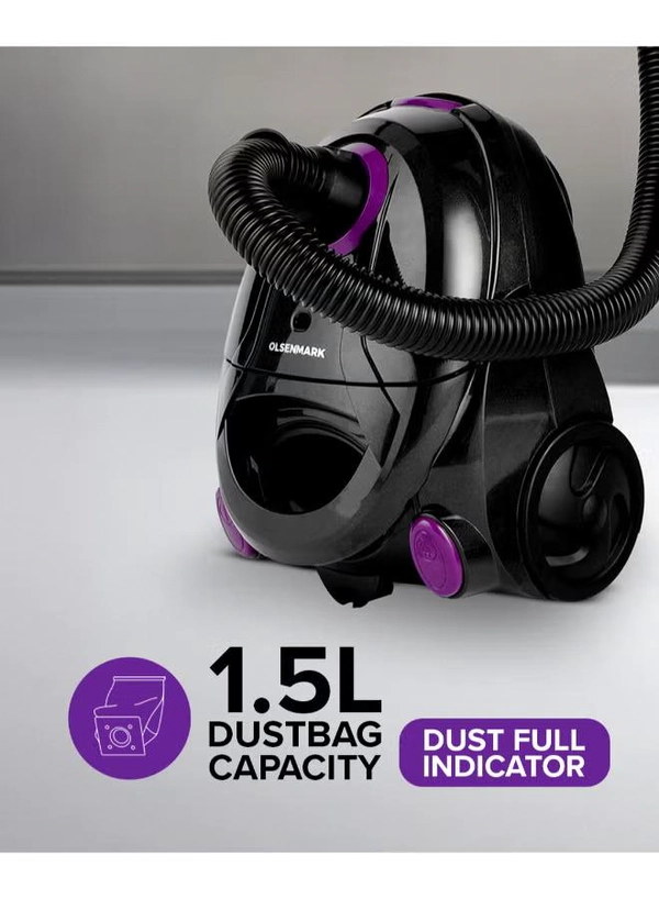 Olsenmark Vacuum Cleaner With Dust Bag 1400W OMVC1782, Powerful Suction, Dust Full Indicator,Dust Bag capacity 1.5L, Flexible Hose With Airflow On Handle, Pedal Switch And Auto-Rewinding Wire 1.5 L 1400 W OMVC1782 Black/Purple