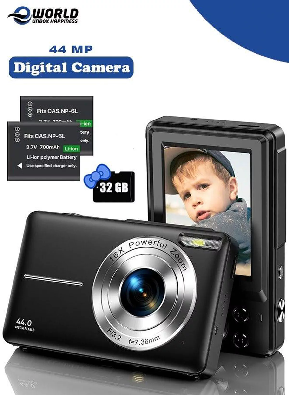 44MP HD Digital Camera with 32GB Card, 2 Batteries, Compact Photo Camera with 1080P Video, 2.4 Inch Screen, 16X Zoom, Anti Shake, Rechargeable Battery for Girls and Boys, Perfect for Kids and Beginners.