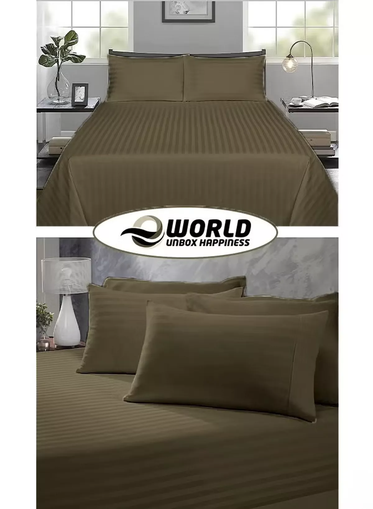 Eworld 3 Piece Super King Olive Green Striped Bed Sheet Set – Ultra-Soft Microfiber Striped Sheet & 2 Pillowcases, Breathable Luxury Bedding for Home & Hotel Use-5-5