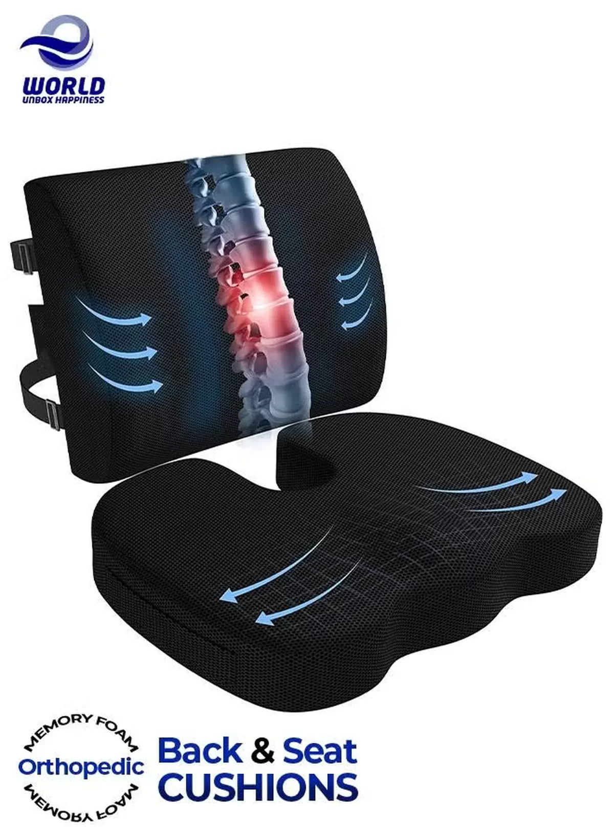 Eworld Premium Comfort Seat Cushion - Non Slip Orthopedic Memory Foam Coccyx Cushion and Back Seat for Tailbone and Lumber Pain, Cushion for Office Chair Car Seat – Back Pain & Sciatica Relief