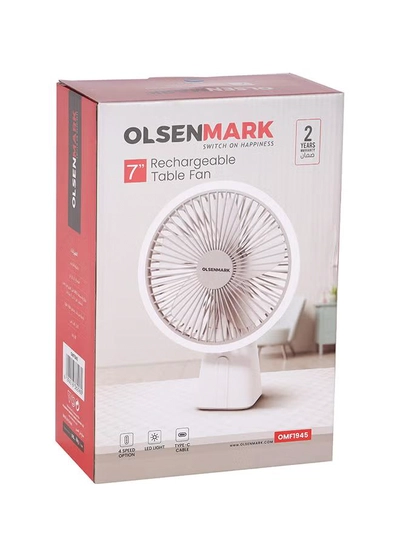 Olsenmark 7" Rechargeable Table Fan 4Spd, Led OMF1945 White-4