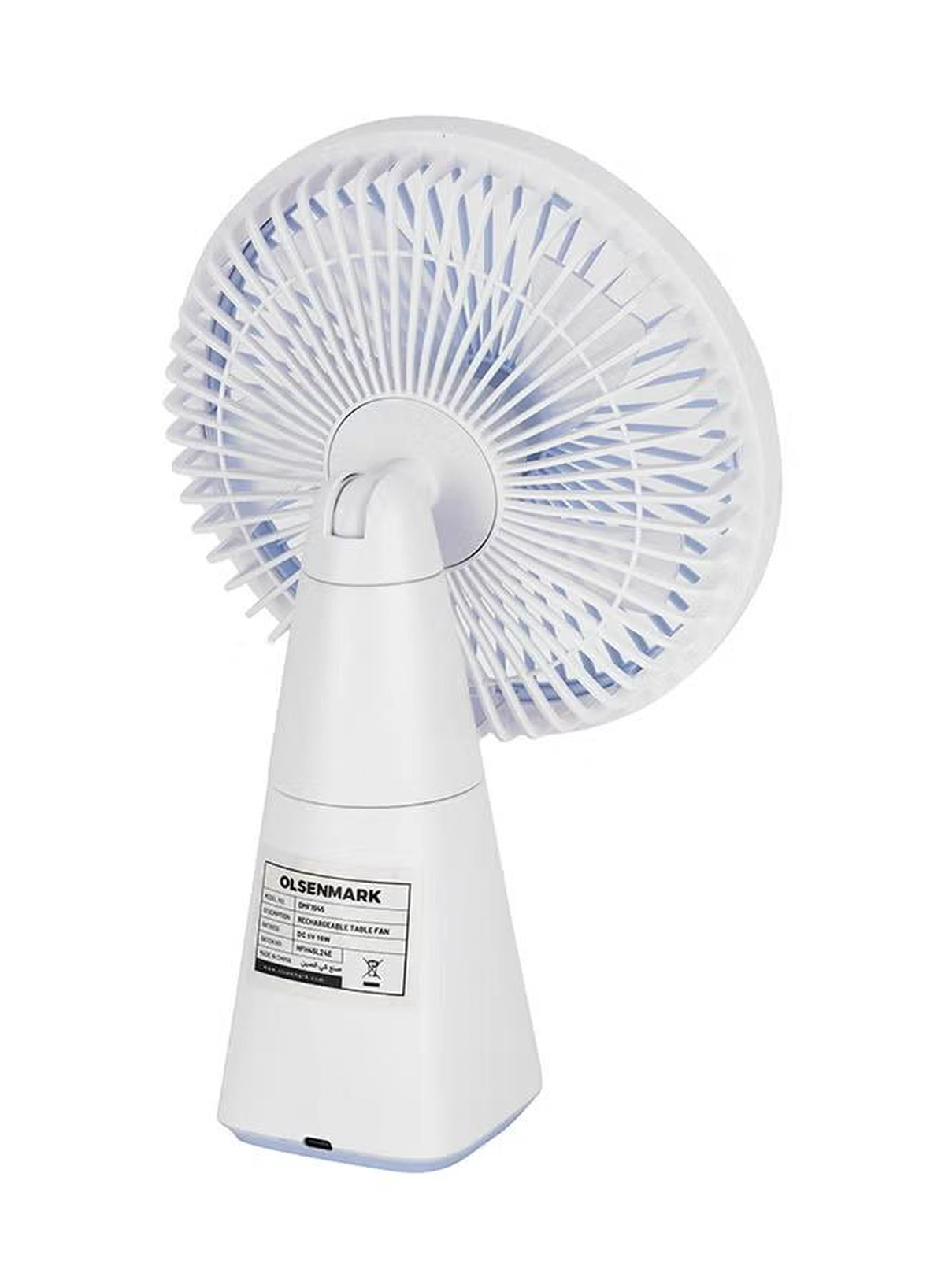 Olsenmark 7" Rechargeable Table Fan 4Spd, Led OMF1945 White-5-5