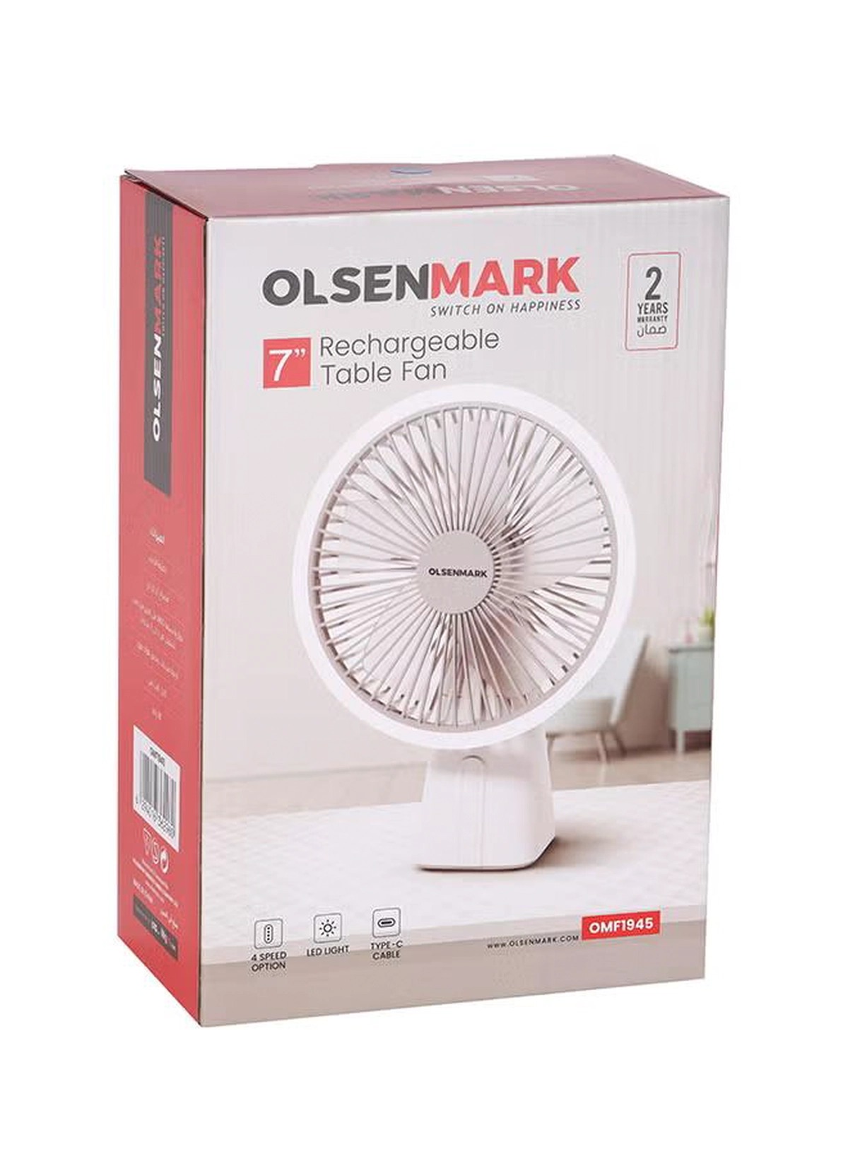 Olsenmark 7" Rechargeable Table Fan 4Spd, Led OMF1945 White-4-4