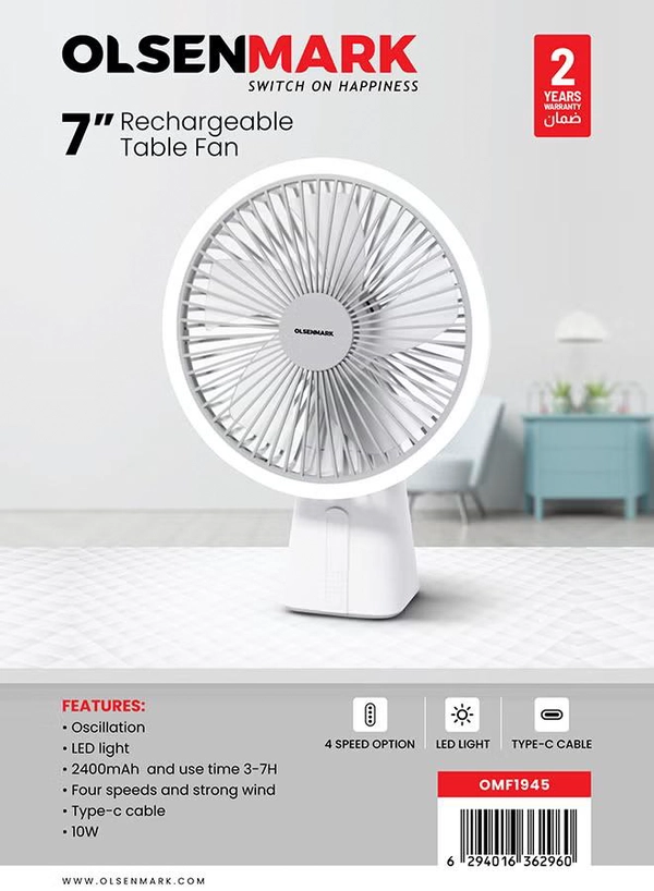 Olsenmark 7" Rechargeable Table Fan 4Spd, Led OMF1945 White