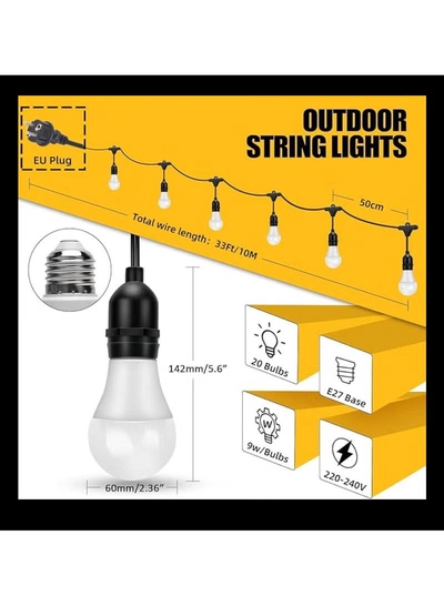 Yuwell Outdoor Waterproof IP65 Led String Lights E27 Holder 10 Meter Bulb Holder Wire With 20 LED Bulbs 9W Cool White With EU Plug Solar Bulb Holder For Ramadan Decoration Lights And Outdoor Decoration Light Hanging Light String Wire Ramadan Light For Commercial Patio Garden & Porch Yard-2