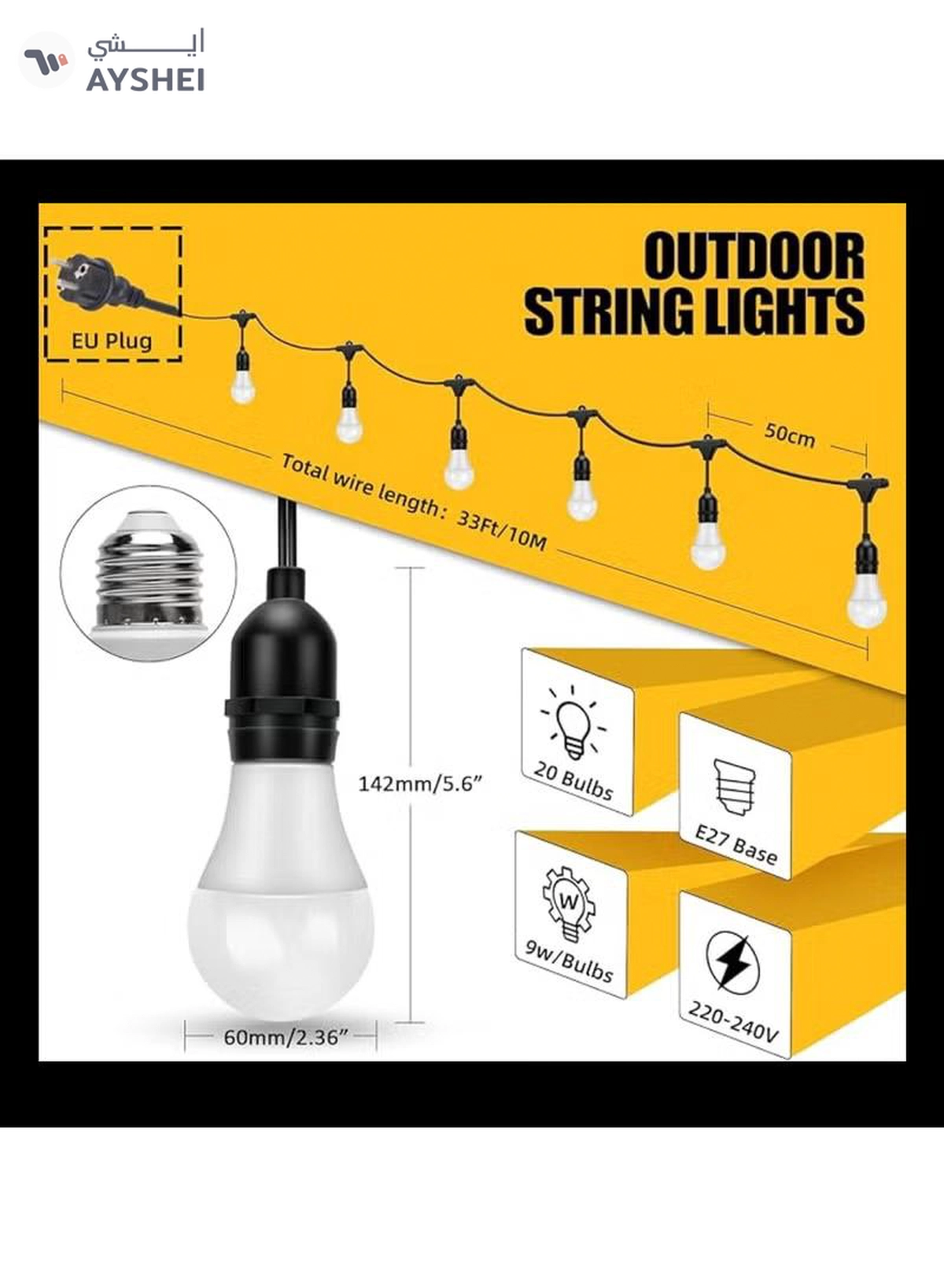Yuwell Outdoor Waterproof IP65 Led String Lights E27 Holder 10 Meter Bulb Holder Wire With 20 LED Bulbs 9W Cool White With EU Plug Solar Bulb Holder For Ramadan Decoration Lights And Outdoor Decoration Light Hanging Light String Wire Ramadan Light For Commercial Patio Garden & Porch Yard-2-2