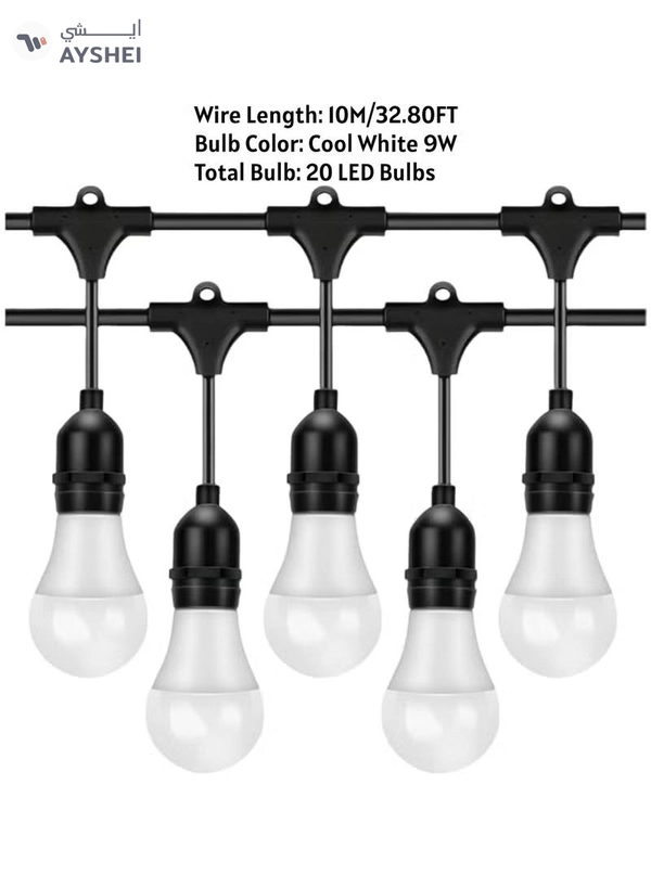 Yuwell Outdoor Waterproof IP65 Led String Lights E27 Holder 10 Meter Bulb Holder Wire With 20 LED Bulbs 9W Cool White With EU Plug Solar Bulb Holder For Ramadan Decoration Lights And Outdoor Decoration Light Hanging Light String Wire Ramadan Light For Commercial Patio Garden & Porch Yard