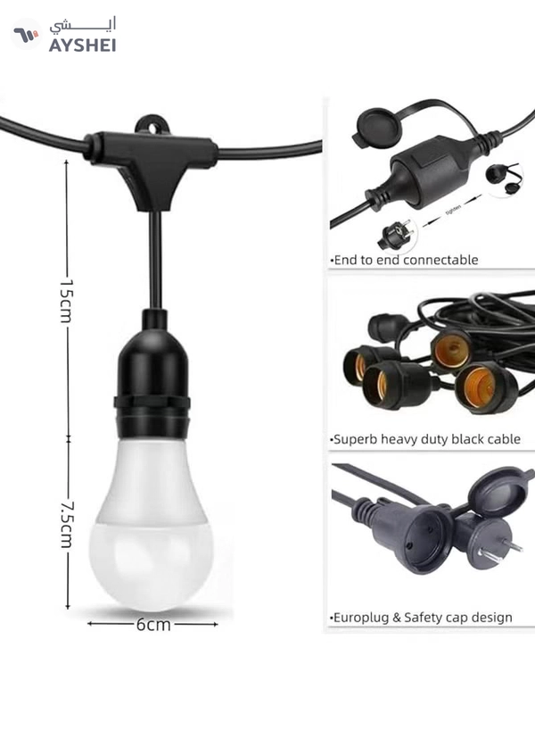 Yuwell Outdoor Waterproof IP65 Led String Lights E27 Holder 10 Meter Bulb Holder Wire With 20 LED Bulbs 9W Cool White With EU Plug Solar Bulb Holder For Ramadan Decoration Lights And Outdoor Decoration Light Hanging Light String Wire Ramadan Light For Commercial Patio Garden & Porch Yard