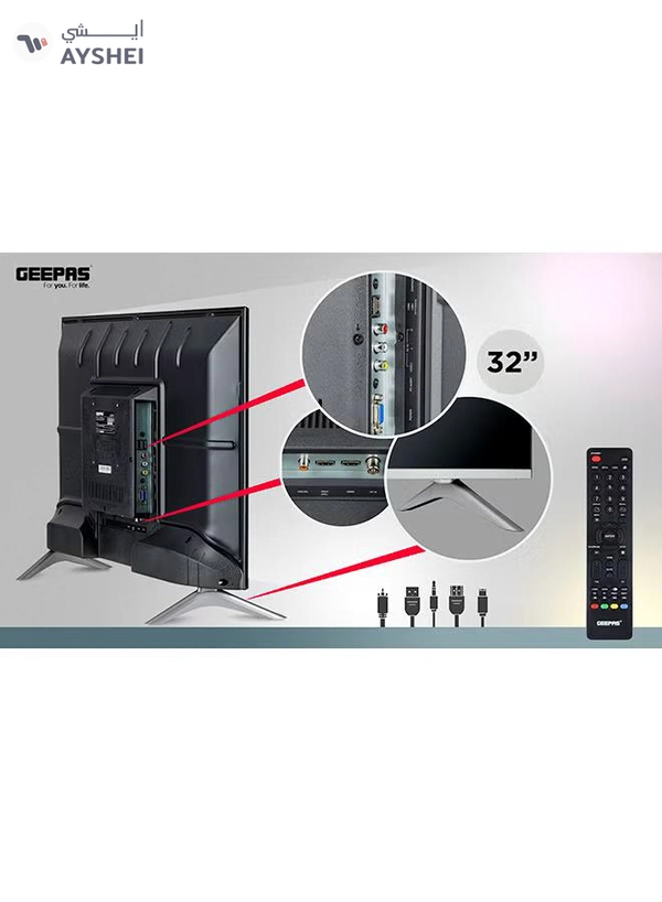 GEEPAS 32" Edgelss Slim LED TV with Remote Control,HDMI & USB Ports, AV Mode, Head Phone Jack, PC Audio In,VGA,Energy Saving Technology, Dynamic Sound GLED3201EHD Black