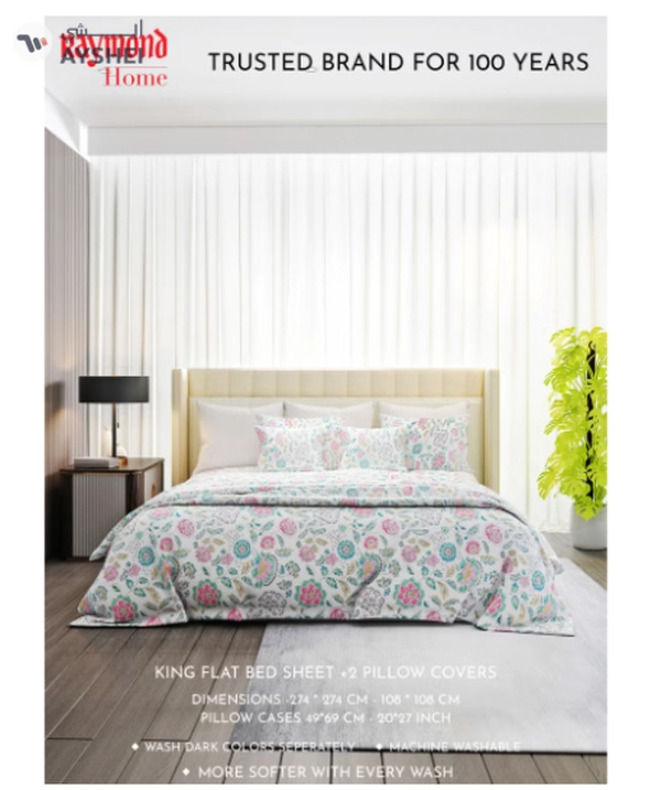 Raymond Home King Flat Sheet Bedsheet 200 Thread Count Luxirious 100%