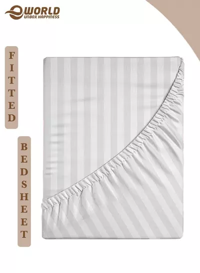 Eworld White Striped Microfiber Fitted Bedsheet with Deep Pocket for a Snug Fit, Breathable, Machine Washable for Optimal Protection, Available in King, Queen and Single Sizes, Without Pillow Cover-0