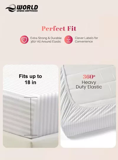 Eworld White Striped Microfiber Fitted Bedsheet with Deep Pocket for a Snug Fit, Breathable, Machine Washable for Optimal Protection, Available in King, Queen and Single Sizes, Without Pillow Cover-2