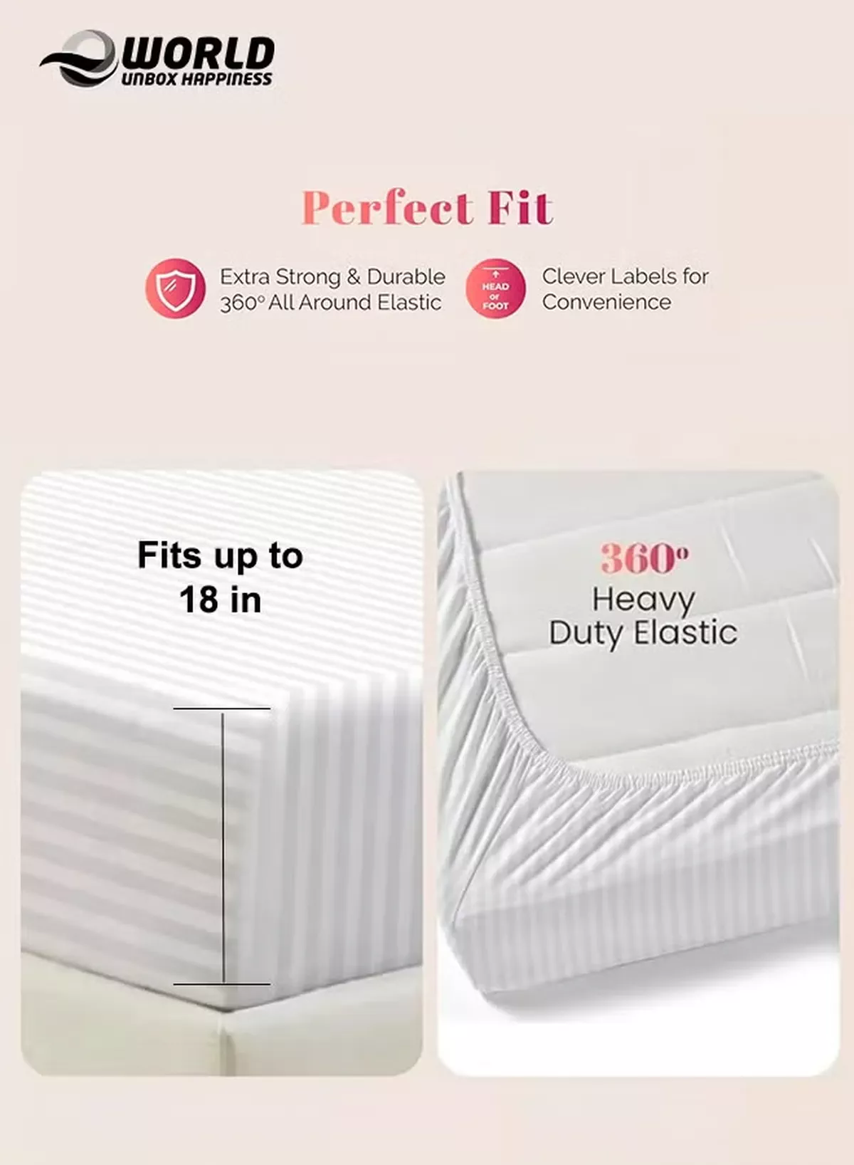 Eworld White Striped Microfiber Fitted Bedsheet with Deep Pocket for a Snug Fit, Breathable, Machine Washable for Optimal Protection, Available in King, Queen and Single Sizes, Without Pillow Cover-2-2