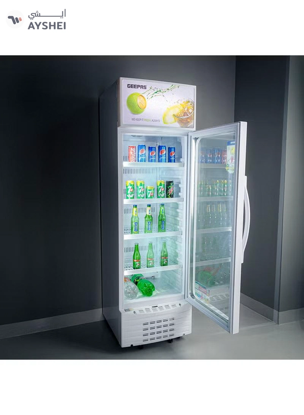 GEEPAS Upright Showcase Refrigerator 300L CFC free | Adjustable Thermostat, Bottle Cooler with LED Lighting, Ideal for Drinks Fridge, Low Noise design Low Energy ,Compressor Fan 300 L GSC6548 White