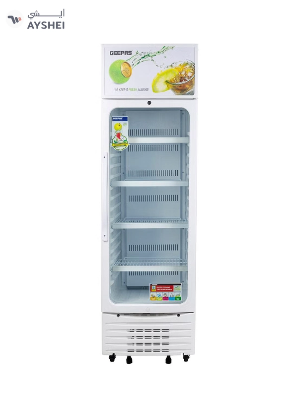 GEEPAS Upright Showcase Refrigerator 300L CFC free | Adjustable Thermostat, Bottle Cooler with LED Lighting, Ideal for Drinks Fridge, Low Noise design Low Energy ,Compressor Fan 300 L GSC6548 White