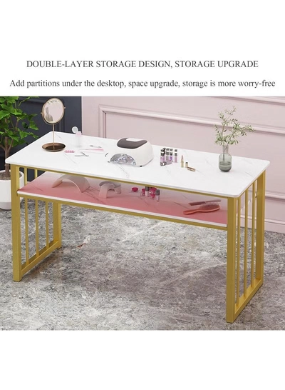 DubaiGallery Manicure Table Nail Desk for Nail Art, Marbling Texture Nail Table Beauty Spa Salon Station, Nail Makeup Supplies Decor Workstation Acetone Resistant w/Handrest, Drawers 2-Tier Desktop-1