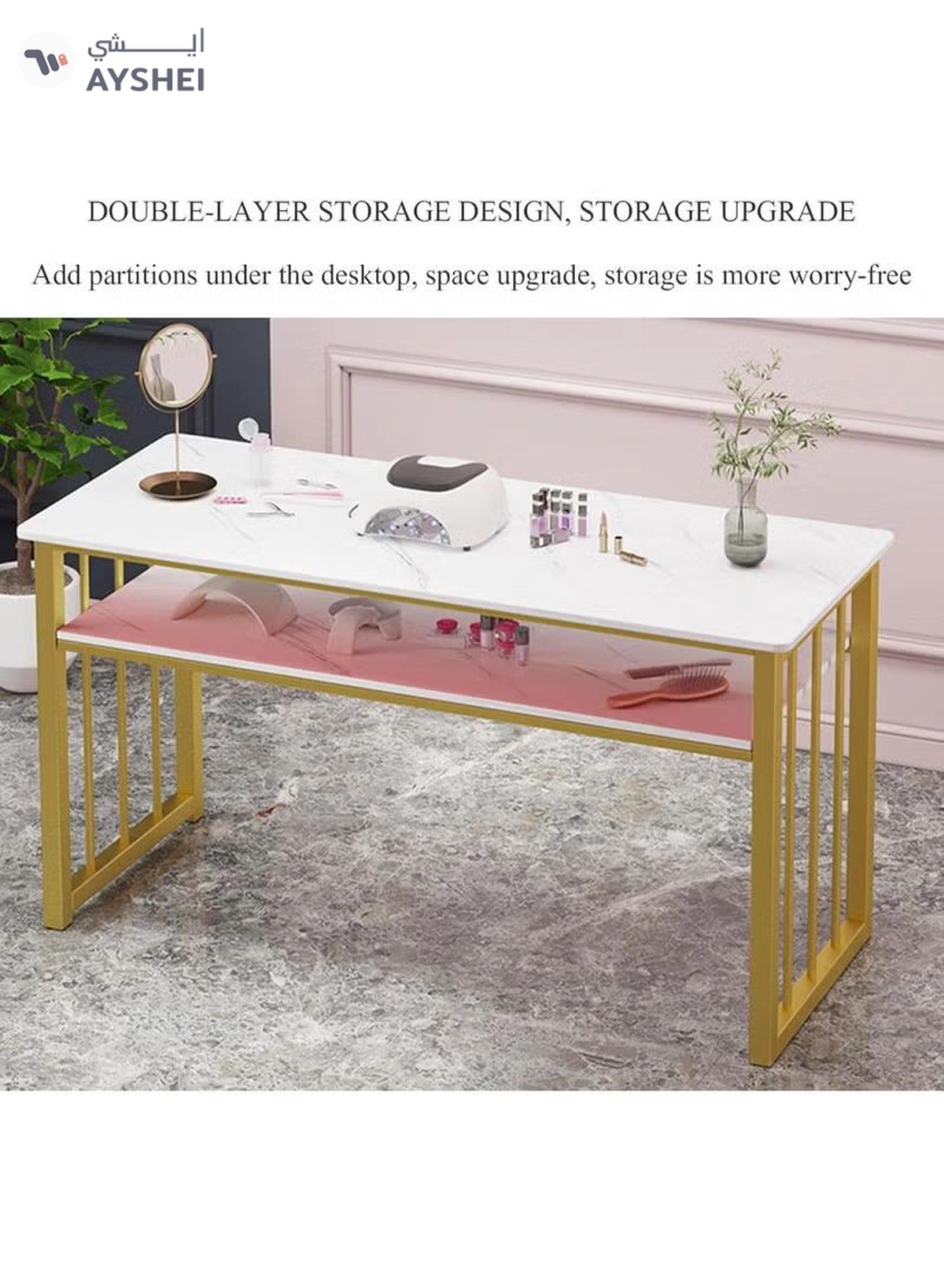 DubaiGallery Manicure Table Nail Desk for Nail Art, Marbling Texture Nail Table Beauty Spa Salon Station, Nail Makeup Supplies Decor Workstation Acetone Resistant w/Handrest, Drawers 2-Tier Desktop-1-1