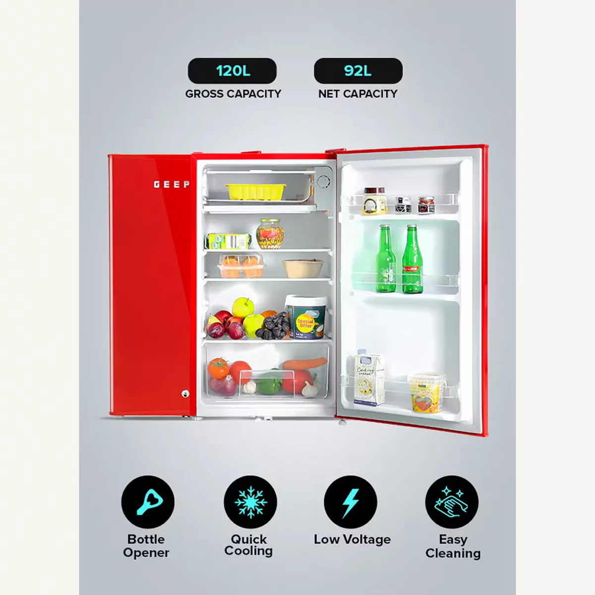 GEEPAS 120L Gross/92L Net Capacity, Single Door Mini Defrost Refrigerator With Retro Premium Design-6-6