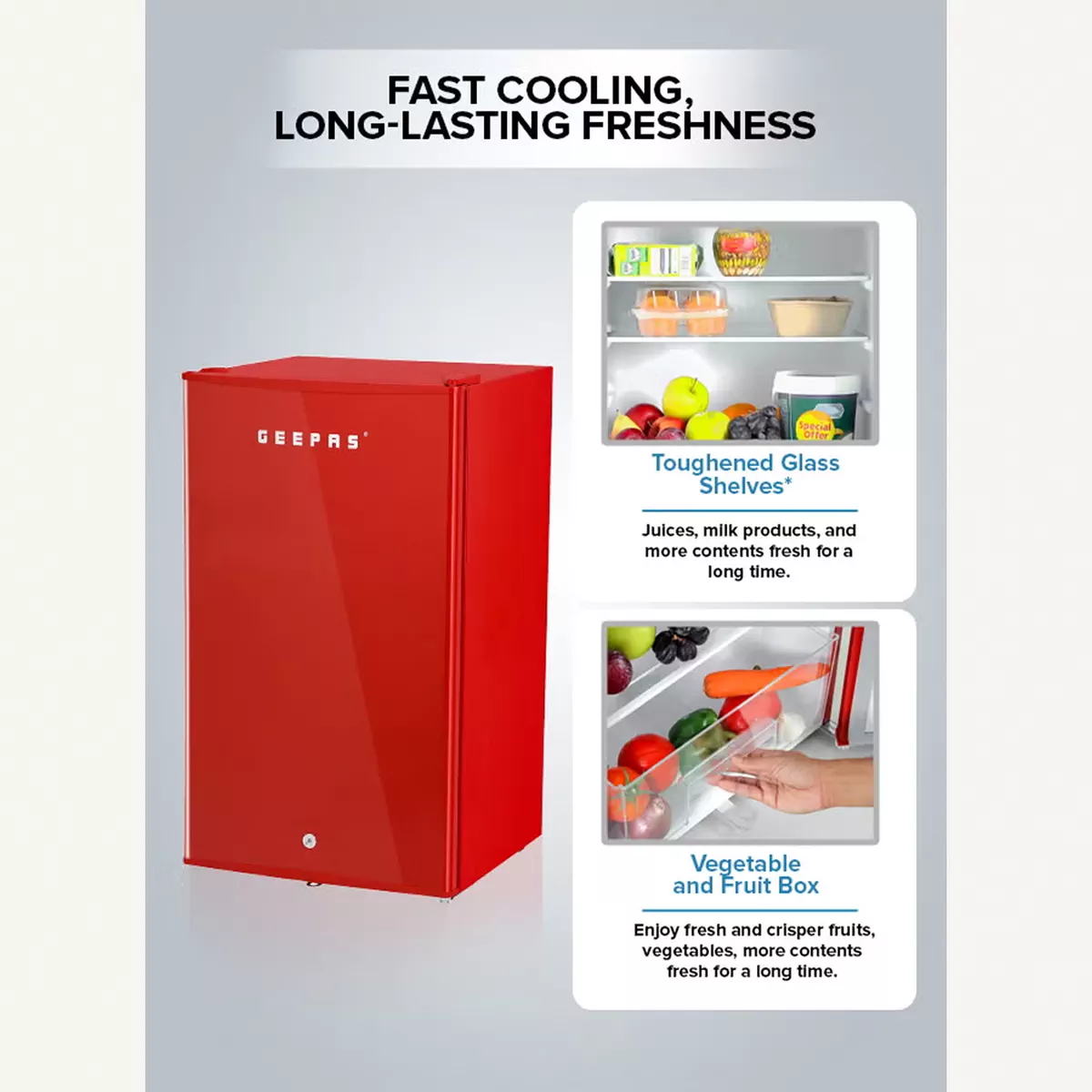 GEEPAS 120L Gross/92L Net Capacity, Single Door Mini Defrost Refrigerator With Retro Premium Design-5-5