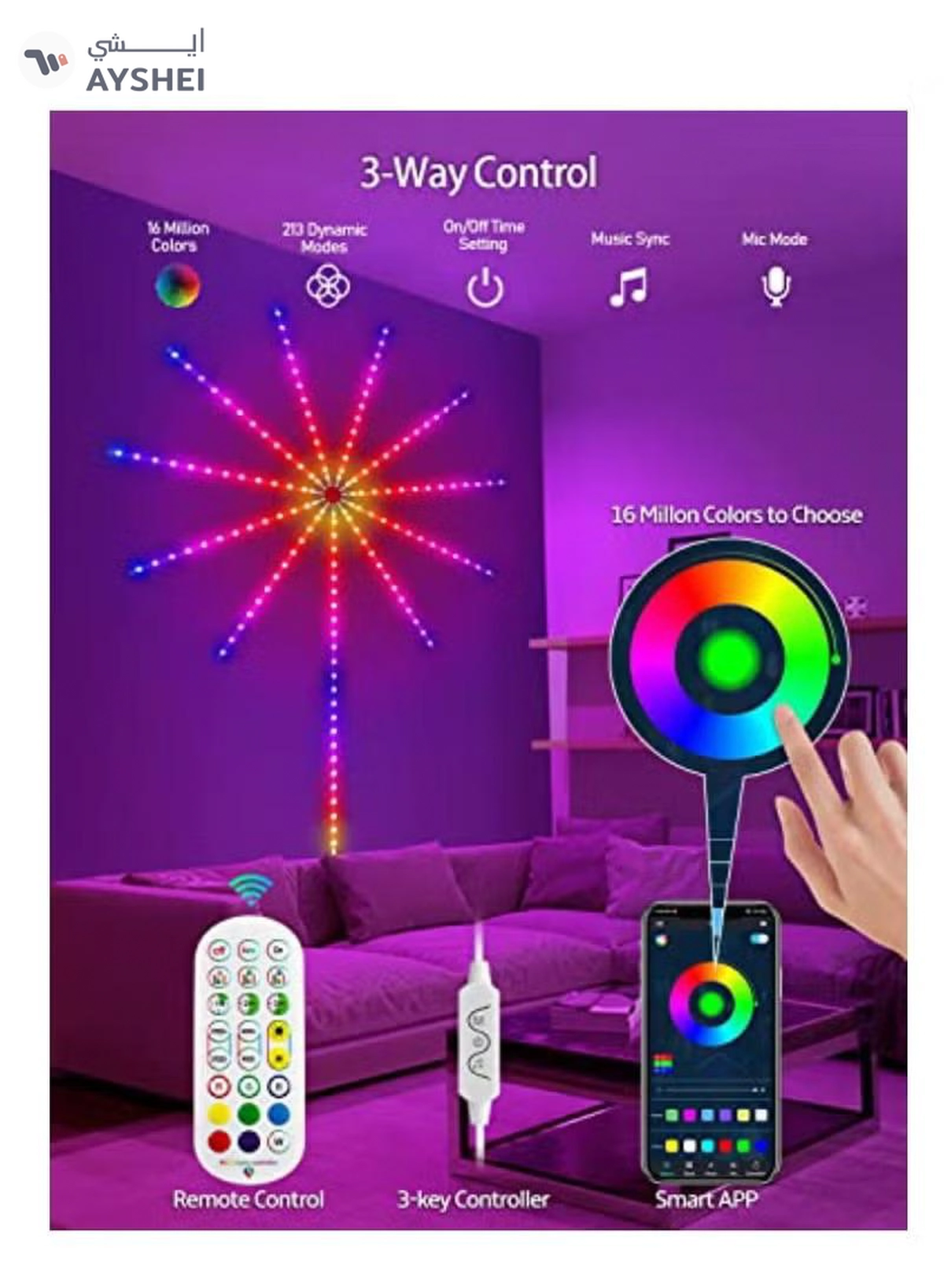 Yuwell LED Fireworks Lights Strip Music Sound Sync Color Changing Remote And App Control LED Fireworks Light For Room Party Holiday Decor-4-4