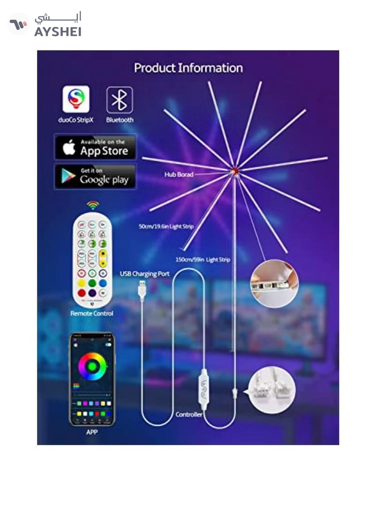 Yuwell LED Fireworks Lights Strip Music Sound Sync Color Changing Remote And App Control LED Fireworks Light For Room Party Holiday Decor-5-5