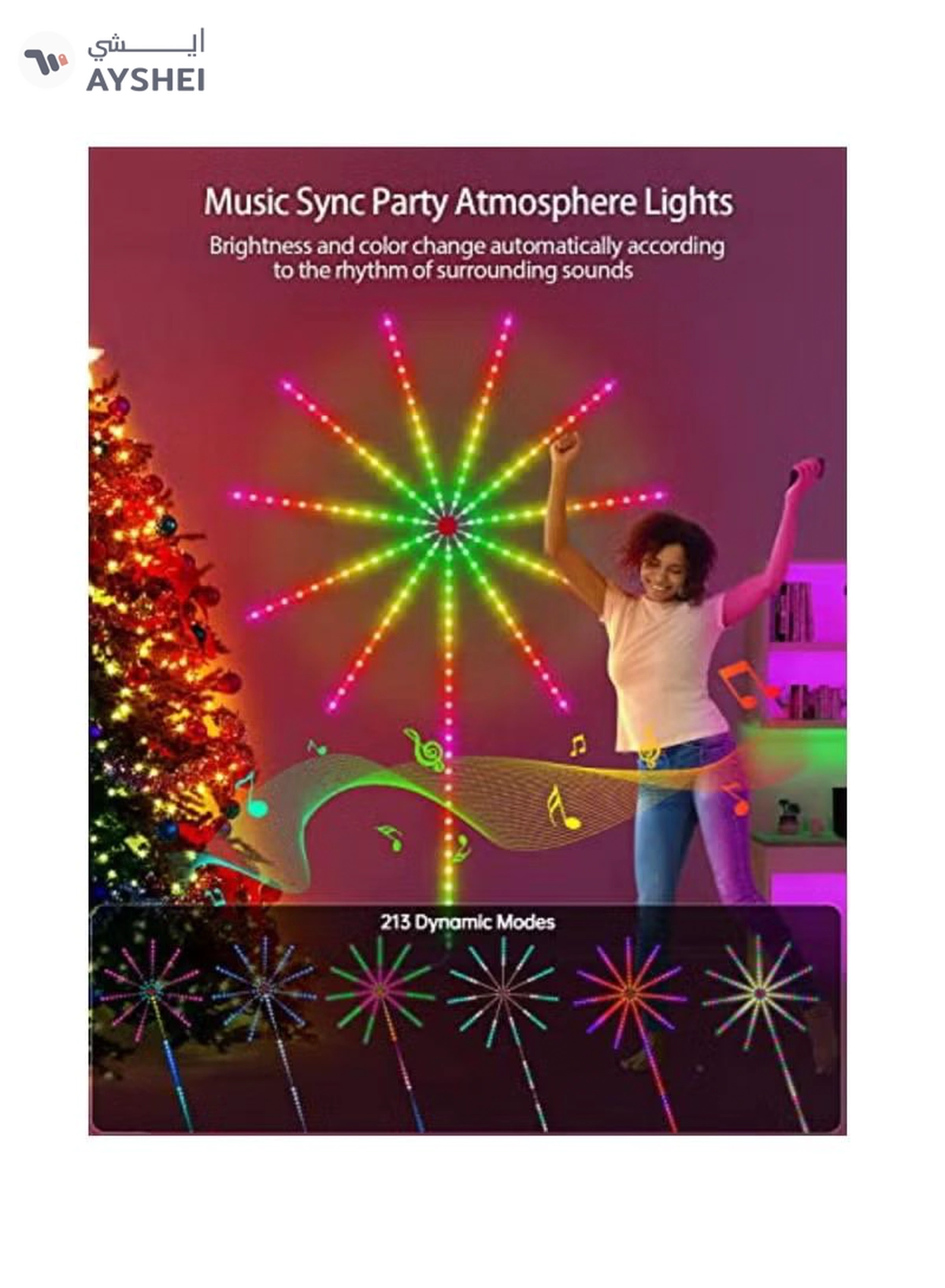 Yuwell LED Fireworks Lights Strip Music Sound Sync Color Changing Remote And App Control LED Fireworks Light For Room Party Holiday Decor-3-3