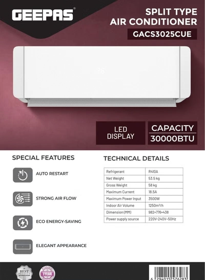 GEEPAS 1.5 Ton Split Type Air Conditioner| 18500 BTU Capacity LED Display, Auto Restart, Energy-Saving, Strong Airflow, Modern Design| GACS1825CUE 3500 W GACS1825CUE White-0