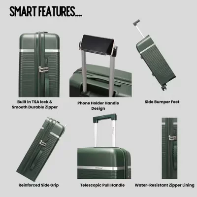 British Traveller 3-Piece Polypropylene Luggage Set | 20”, 24”, 28” Lightweight Suitcases with 360° Spinner Wheels, TSA Lock, Water & Scratch Resistant | Durable Hard Shell Trolley Bags with Telescopic Handle - Green-5