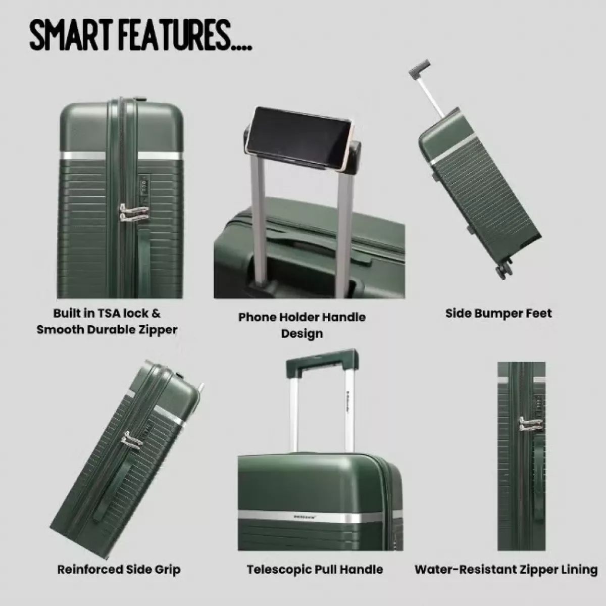 British Traveller 3-Piece Polypropylene Luggage Set | 20”, 24”, 28” Lightweight Suitcases with 360° Spinner Wheels, TSA Lock, Water & Scratch Resistant | Durable Hard Shell Trolley Bags with Telescopic Handle - Green-5-5