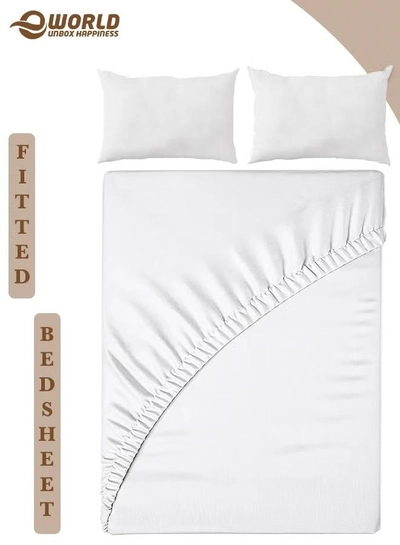 Eworld 3-Piece Cream Cotton Fitted Bedsheet Set Includes 1 Deep-Pocket Sheet and 2 Pillow Covers-0