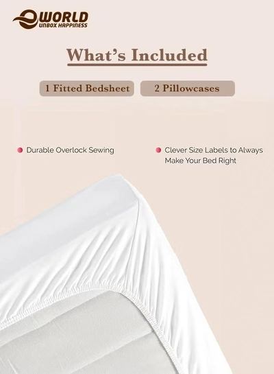 Eworld 3-Piece Cream Cotton Fitted Bedsheet Set Includes 1 Deep-Pocket Sheet and 2 Pillow Covers-2