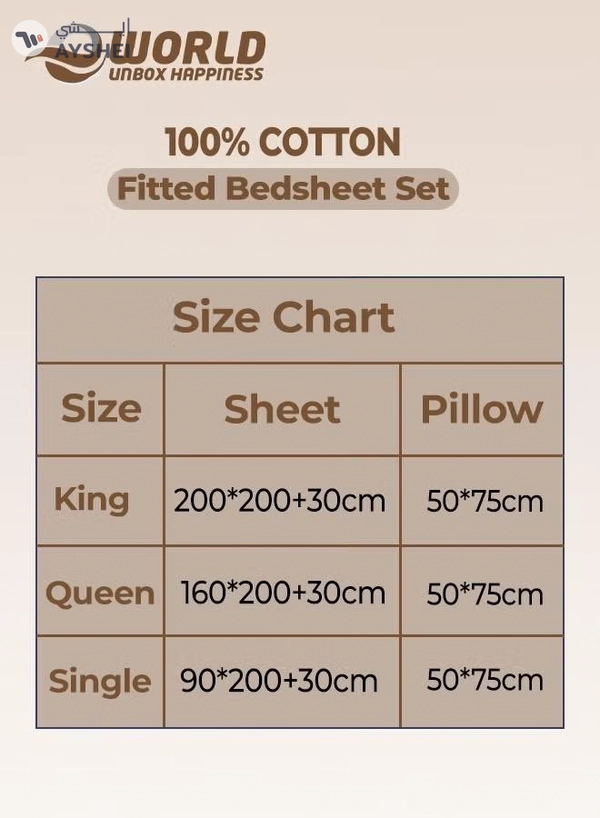 Eworld 3-Piece Cream Cotton Fitted Bedsheet Set Includes 1 Deep-Pocket Sheet and 2 Pillow Covers