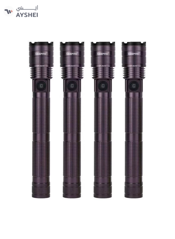 GEEPAS Zoomable LED Flashlight Pack of 4 | 7W Laser High-Power LEDs| 5000mAh Battery10 Hours Continuous Working with Aluminum Alloy Housing| Type C Charging GFL4639N Black 29cm