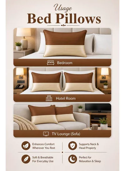 Pack of 2 Down Alternative Bed Pillows, 1250g Fill, Cotton Blend Cover, Hotel Quality, 50x75cm, Brown-Cream-2