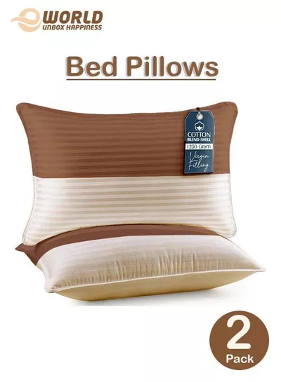 Pack of 2 Down Alternative Bed Pillows, 1250g Fill, Cotton Blend Cover, Hotel Quality, 50x75cm, Brown-Cream-3
