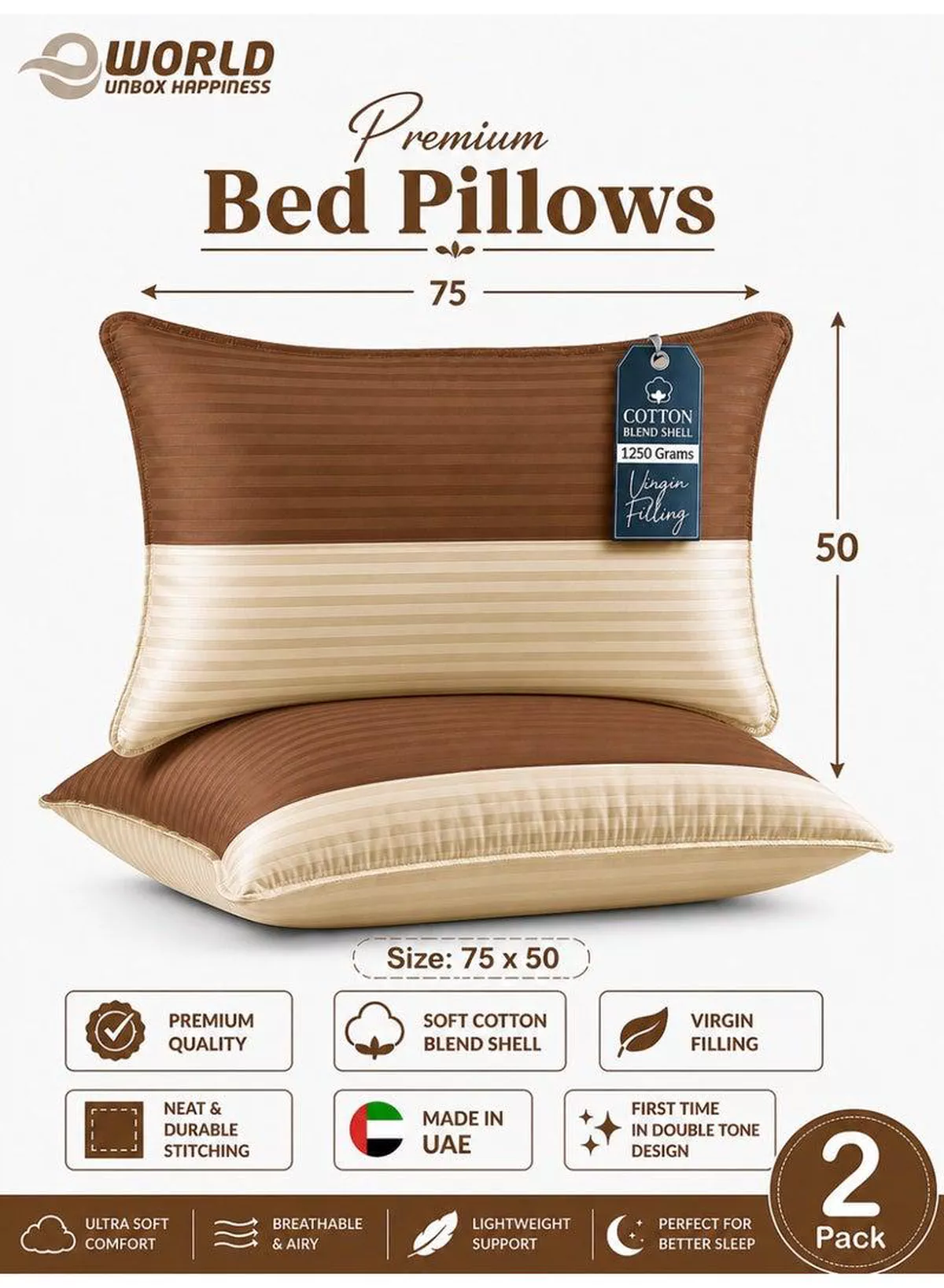 Pack of 2 Down Alternative Bed Pillows, 1250g Fill, Cotton Blend Cover, Hotel Quality, 50x75cm, Brown-Cream