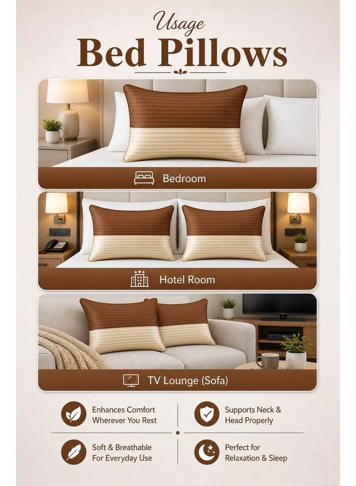 Pack of 2 Down Alternative Bed Pillows, 1250g Fill, Cotton Blend Cover, Hotel Quality, 50x75cm, Brown-Cream-2-2